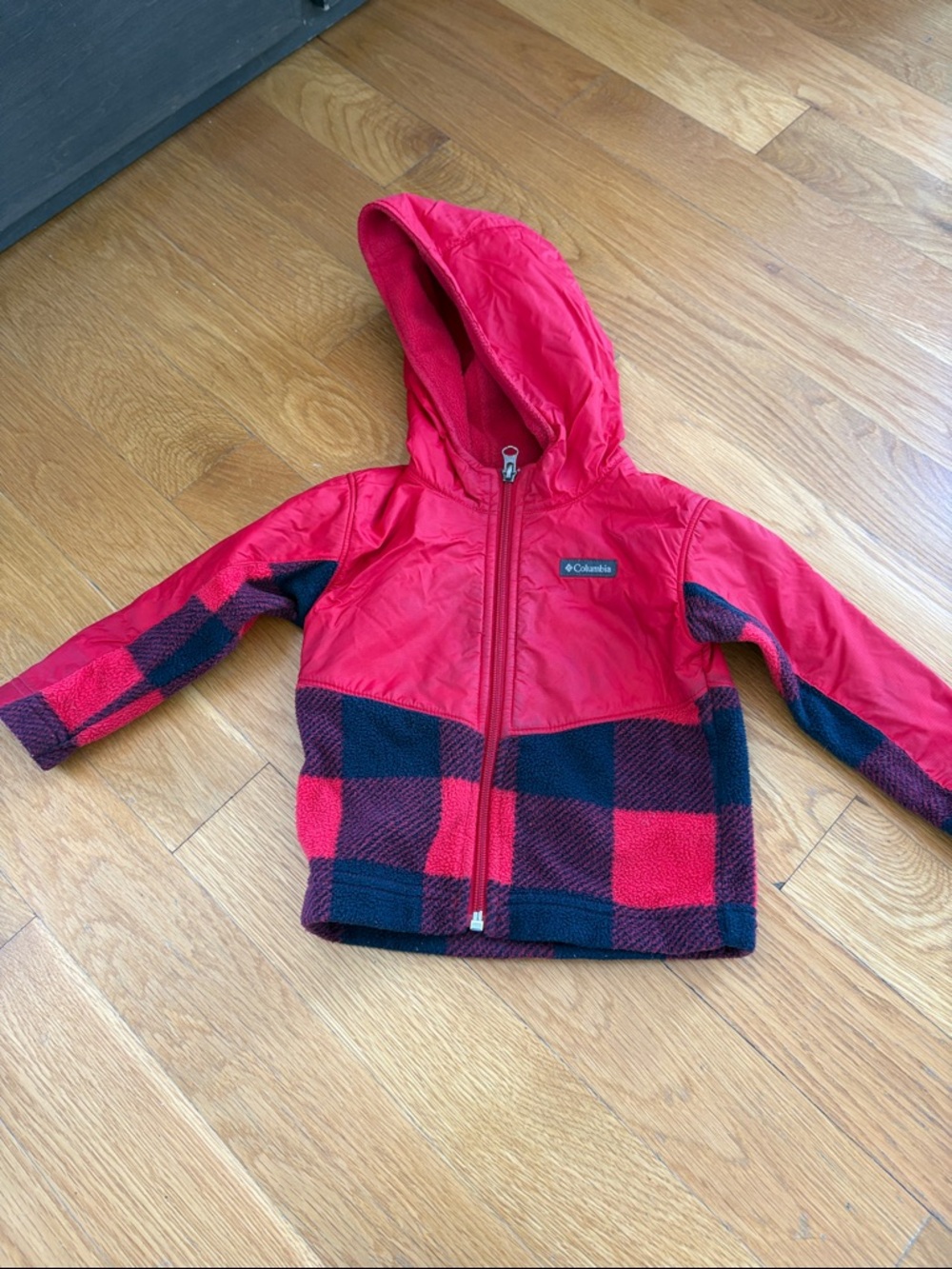 Columbia Red and Black Hooded Plaid Fleece Jacket